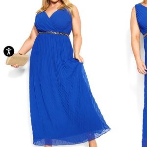 City Chic Eleanor cobalt blue pleated gold belted maxi dress Sz 20 New